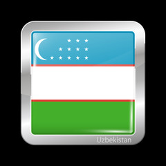 Flag of Uzbekistan. Metallic Icon Square Shape