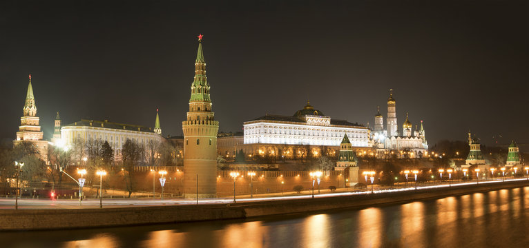 Kremlin embankment, Moscow Kremlin, Grand Kremlin Palace. Night panoramic shot