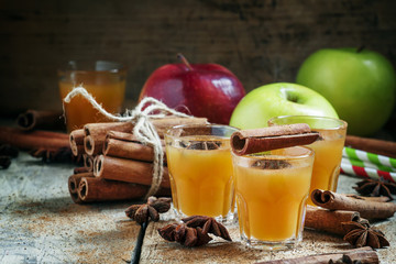 Apple cider with cinnamon and anise, selective focus