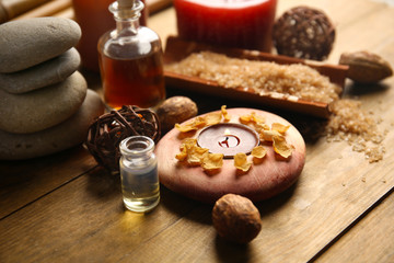 Colourful decorated relax set on wooden background, close up