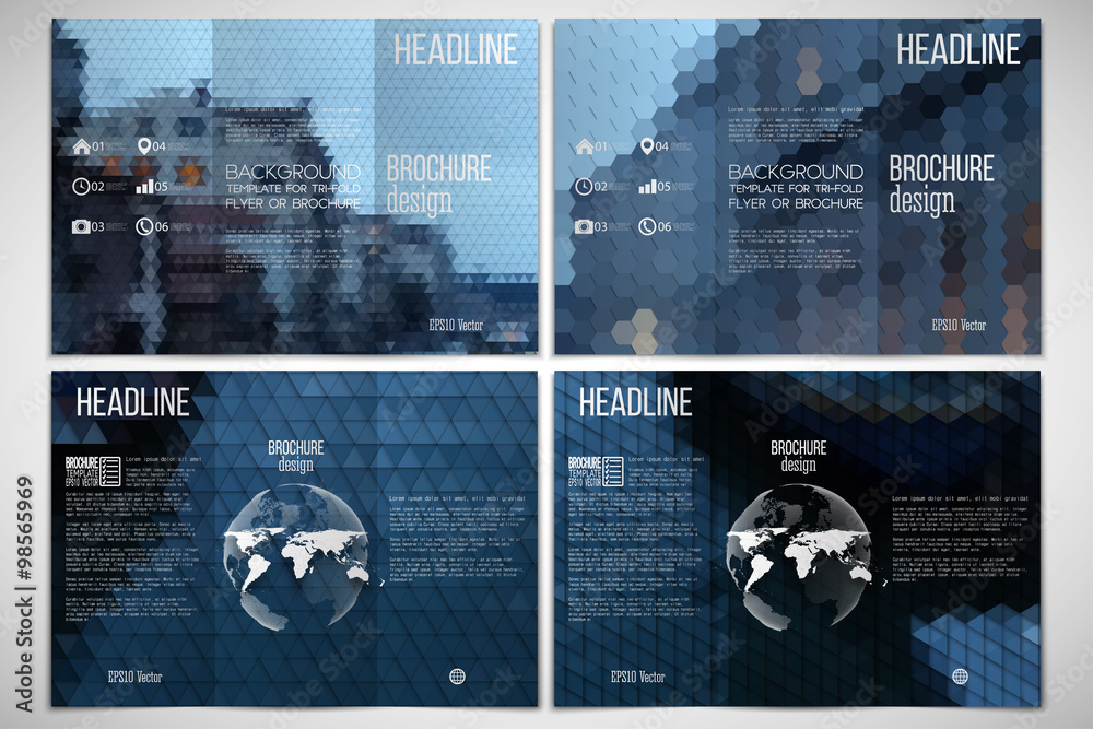 Poster vector set of tri-fold brochure design template on both sides with world globe element. abstract mul
