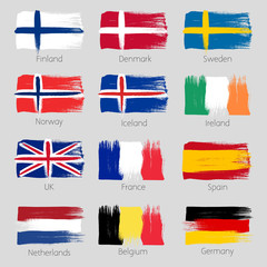 Colorful brush strokes painted european countries flags set.