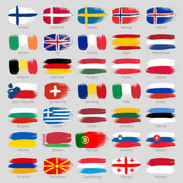 Colorful brush strokes painted european countries flags set.
