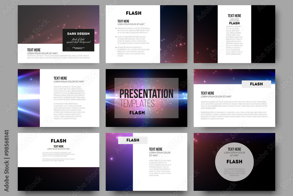 Poster set of 9 vector templates for presentation slides. flashes against dark background