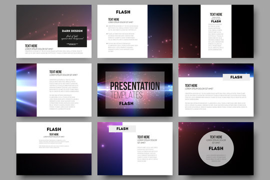 Set of 9 vector templates for presentation slides. Flashes against dark background