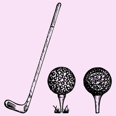 Golf club and ball, set, playing golf, doodle style, sketch illustration, hand drawn, vector