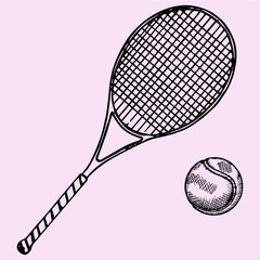 Tennis racket and ball, doodle style, sketch illustration, hand drawn, vector