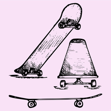 set of skateboard deck, doodle style, sketch illustration, hand drawn, vector