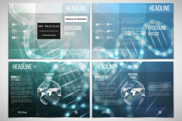 Vector set of tri-fold brochure design template on both sides with world globe element. DNA molecule structure, blue background