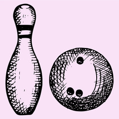 Bowling ball and pin, doodle style, sketch illustration, hand drawn, vector