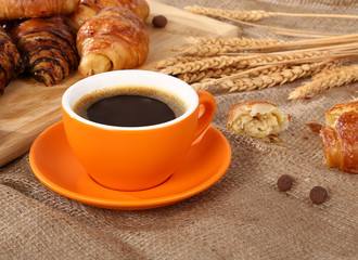 Morning cup of coffee and croissant