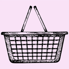 plastic shopping basket, doodle style, sketch illustration, hand drawn, vector