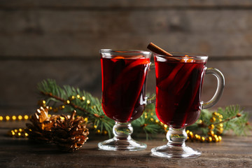Mulled wine on wooden table