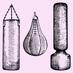set of different punching bag, boxing, doodle style, sketch illustration, hand drawn, vector