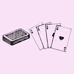 Four aces, deck of poker, playing cards, doodle style, sketch illustration, hand drawn, vector