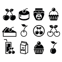 Cherry, fruit cake, jam icons set 