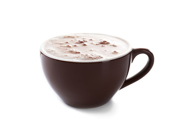 Brown cup of creamy cacao, isolated on white