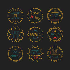 Golden Christmas and Holiday line tags set on black background