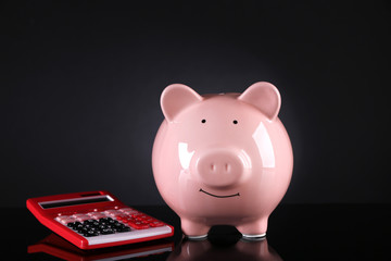 Piggy bank with calculator on dark background