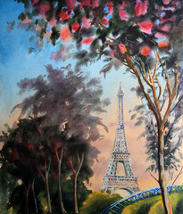 Watercolor painting landscape with eiffel tower and blooming spring tree in Paris