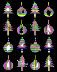 Merry Christmas, Colorful silhouette christmas ball and Christmas tree isolated on black illustration