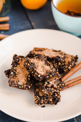 New Year's raw chocolate cookies with green buckwheat,close up