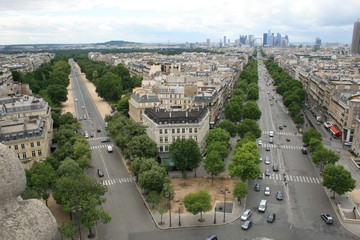 Looking towards La Defense, tree-lined streets: view from the top of the Arc de Triomphe, Paris, France