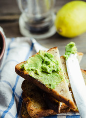 Avocado paste on whole grain toast, breakfast