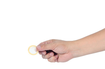 Man Asian hand holding condom ready for use isolated on white ba