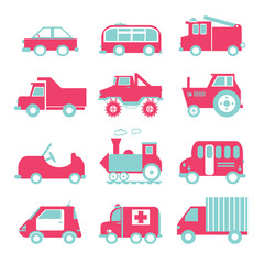 Flat funny cartoon road transport icon set. Ambulance, train, tr