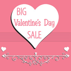 Abstract colorful background with a huge white heart on a pink background and the text big Valentines day sale written with pink letters
