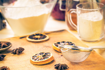 Ingredients preparation iced christmas gingerbread kitchen table