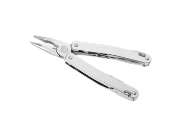 Stainless steel multitool on white