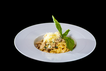 Pasta tagliatelle with porcini mushrooms in a creamy sauce.