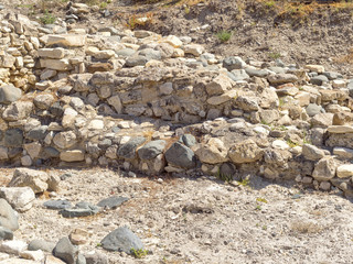 Choirokoitia (Khirokitia ) Neolithic Settlement of 7-4-th millennium B.C. with age indicatind tables. World Heritage Site by UNESCO. Cyprus.

