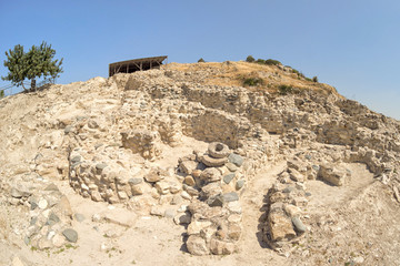 Choirokoitia (Khirokitia ) Neolithic Settlement of 7-4-th millennium B.C. fisheye view. World Heritage Site by UNESCO. Cyprus.
