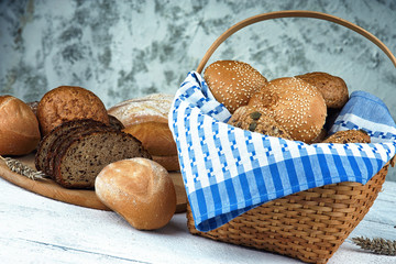 Wicker basket with bread products