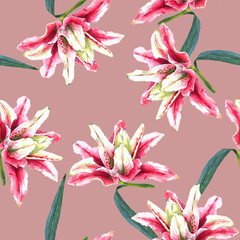 Seamless floral pattern of double bloom oriental pink lilies. Hand painted watercolor tropical flowers. Isolated on pink background. Fabric texture.