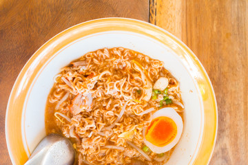 Asian red pork noodle with egg soup