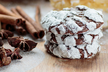 Chocolate crinkles cookies close up. Shallow depth of field
