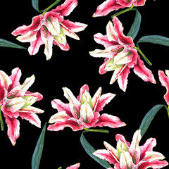 Seamless floral pattern of double bloom oriental pink lilies. Hand painted watercolor tropical flowers. Isolated on black background. Fabric texture.
