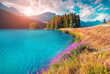 Colorful summer morning on the Champferersee lake