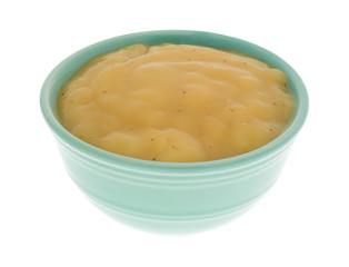 Chicken flavored gravy in a green bowl