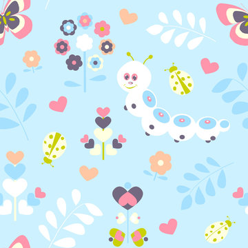 Floral seamless pattern with butterflies, hearts and ladybugs for kids