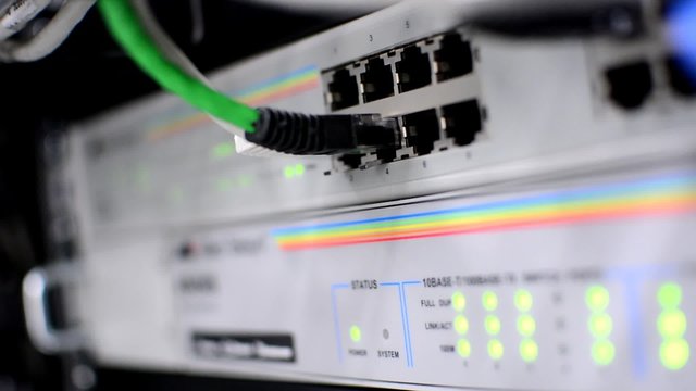 Networking switch with active blinking led lights and patch cable plugs to the ethernet RJ45 port.