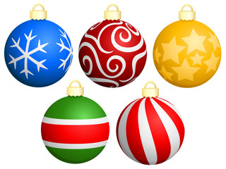 Vector illustration of a variety of ball-shaped Christmas tree ornaments.