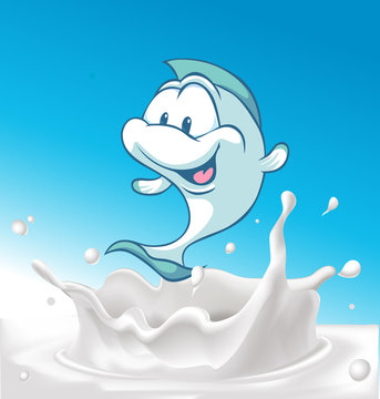 funny white fish splash in milk on blue background - vector illustration