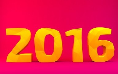 Yellow polygonal digits 2016 on a pink background, 3d render