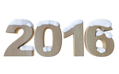 Wooden 2016 digits covered with snow. 3d render