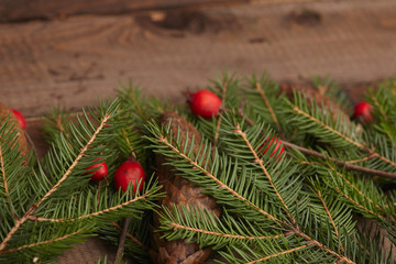 Christmas tree branch, hawthorn, pine cones